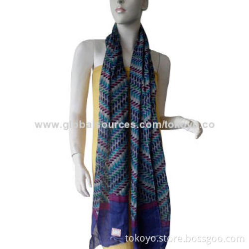Polyester scarf with placement screen printing, indigo, for spring, size of 180*70cm overlock